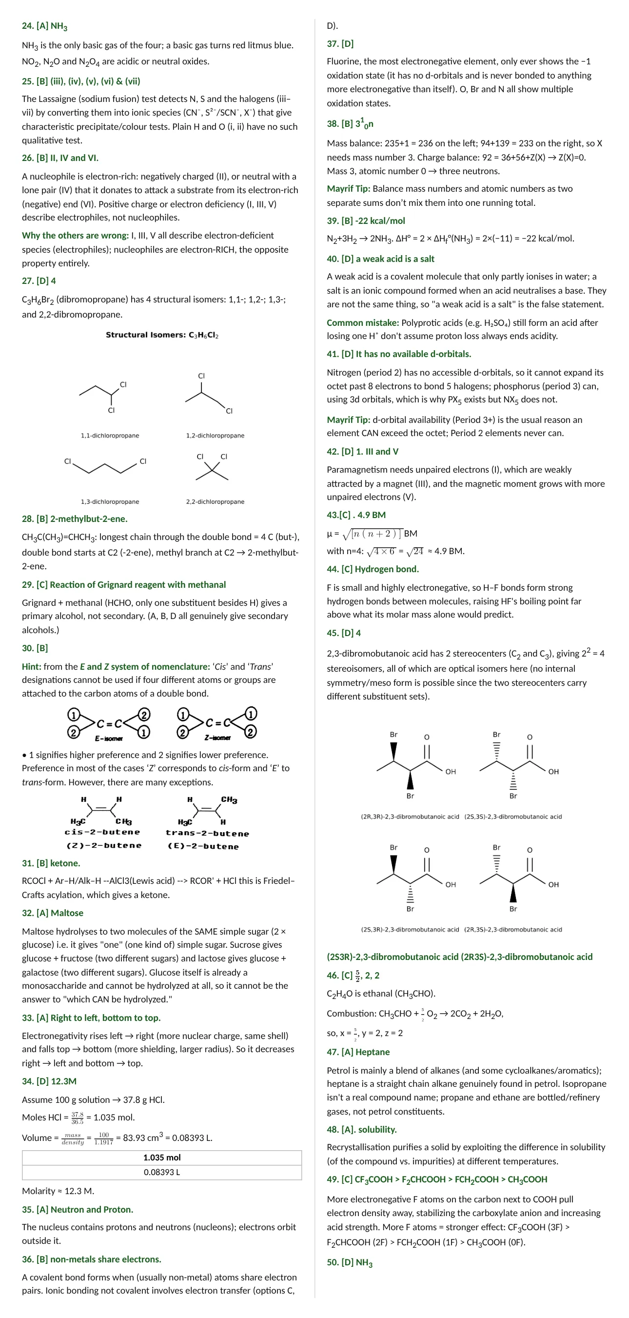 JUPEB Chemistry 2024 worked objective answers with structural isomer, E and Z isomer and optical isomer diagrams