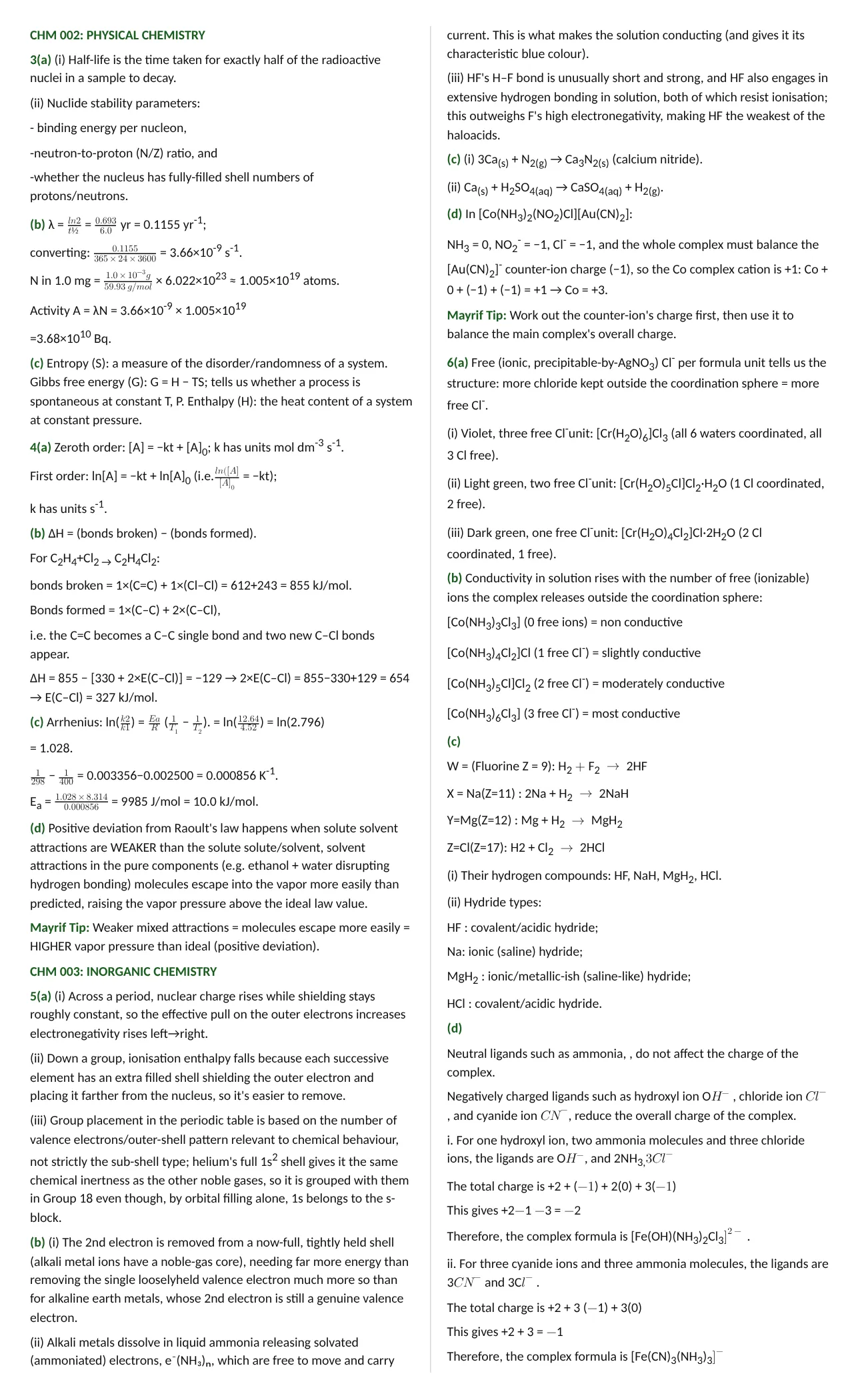 JUPEB Chemistry 2024 theory answers on physical and inorganic chemistry with calculations and complex ions