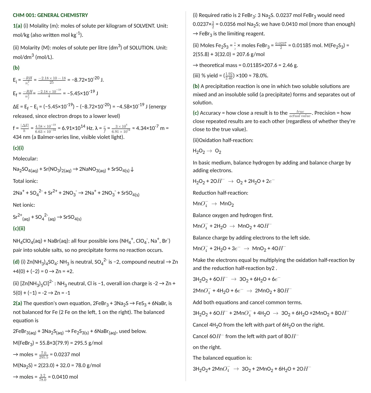 JUPEB Chemistry 2024 general chemistry theory answers with energy level calculations, limiting reagent and redox balancing