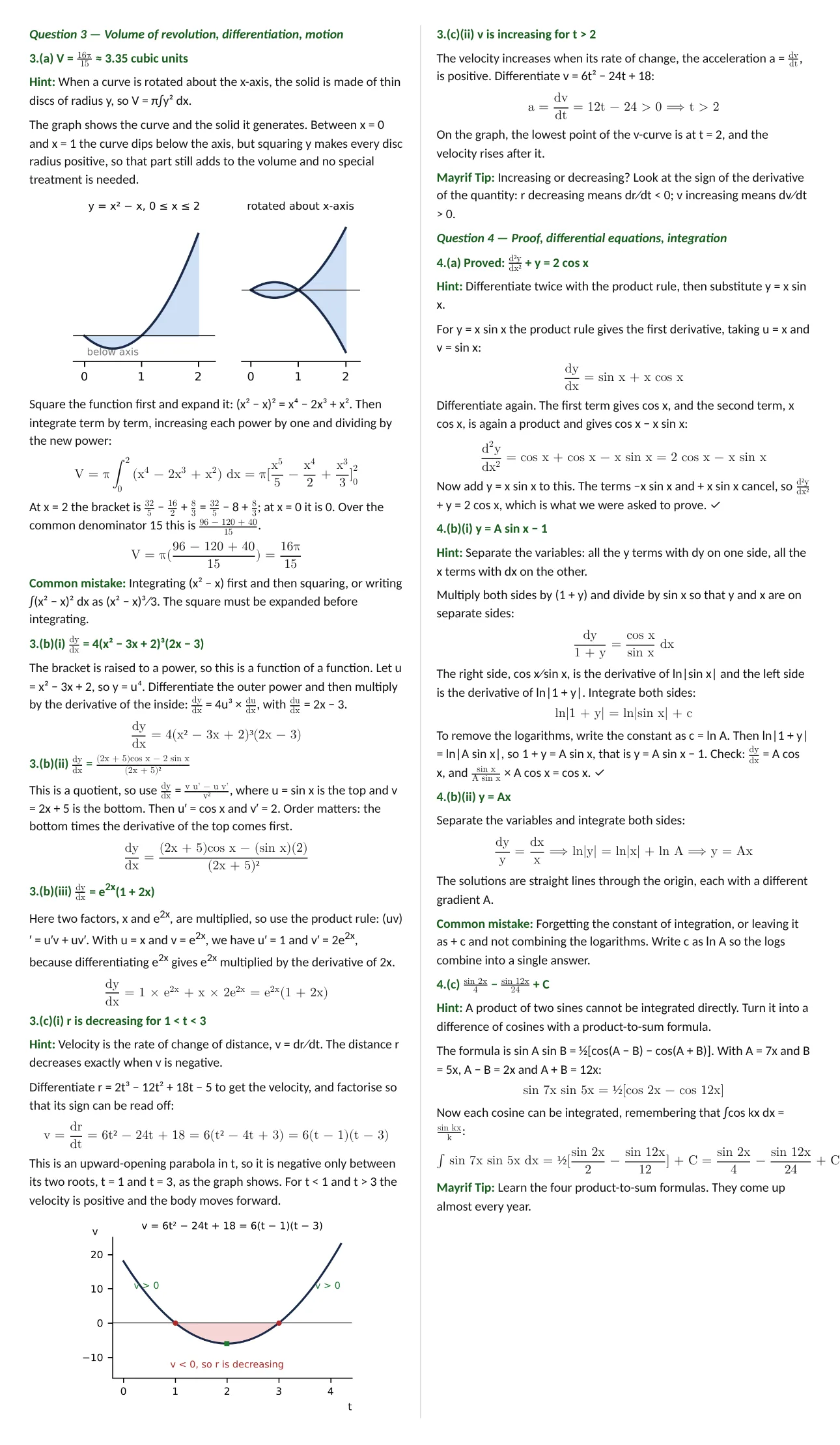 JUPEB Mathematics 2026 theory answers on volume of revolution, differentiation and differential equations with graphs
